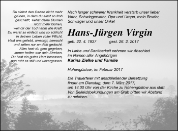 Traueranzeige von Hans-Jürgen Virgin von Prenzlauer Zeitung