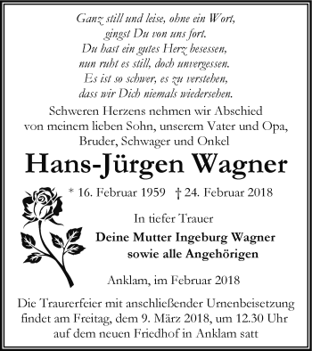 Traueranzeige von Hans-Jürgen Wagner von Vorpommern Kurier