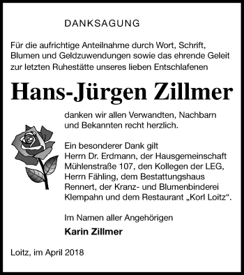 Traueranzeige von Hans-Jürgen Zillmer von Vorpommern Kurier