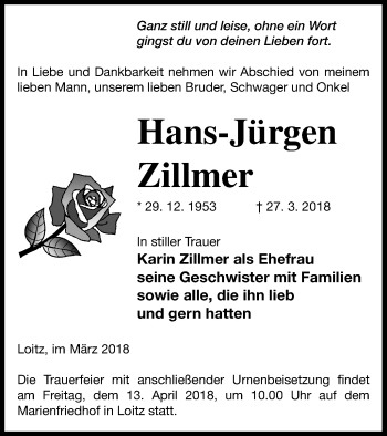 Traueranzeige von Hans-Jürgen Zillmer von Vorpommern Kurier