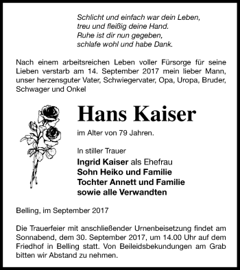 Traueranzeige von Hans Kaiser von Pasewalker Zeitung