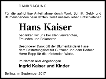 Traueranzeige von Hans Kaiser von Pasewalker Zeitung