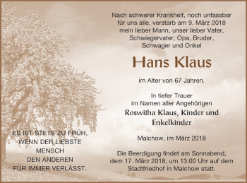 Traueranzeige von Hans Klaus von Müritz-Zeitung