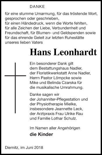 Traueranzeige von Hans Leonhardt von Strelitzer Zeitung