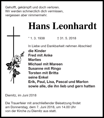 Traueranzeige von Hans Leonhardt von Strelitzer Zeitung