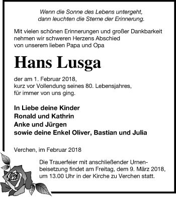 Traueranzeige von Hans Lusga von Demminer Zeitung