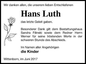 Traueranzeige von Hans Luth von Neubrandenburger Zeitung