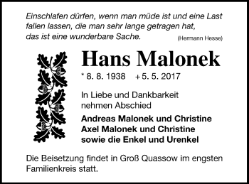 Traueranzeige von Hans Malonek von Strelitzer Zeitung