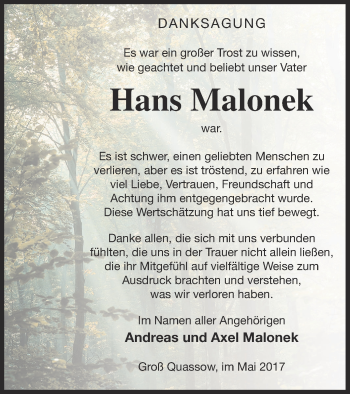 Traueranzeige von Hans Malonek von Strelitzer Zeitung