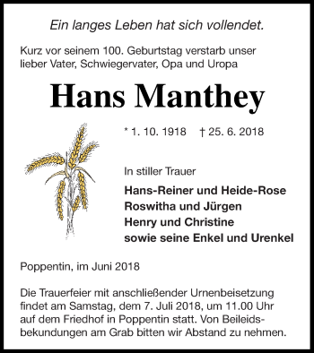 Traueranzeige von Hans Manthey von Müritz-Zeitung