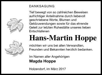 Traueranzeige von Hans-Martin Hoppe von Strelitzer Zeitung