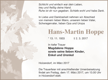 Traueranzeige von Hans-Martin Hoppe von Strelitzer Zeitung