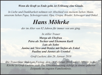 Traueranzeige von Hans Möhrke von Pasewalker Zeitung