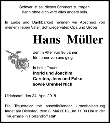 Traueranzeige von Hans Müller von Strelitzer Zeitung