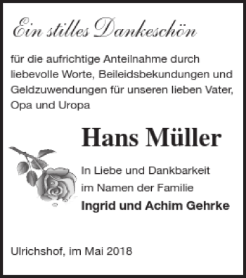 Traueranzeige von Hans Müller von Strelitzer Zeitung