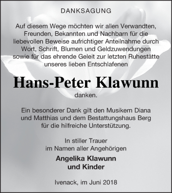 Traueranzeige von Hans-Peter Klawunn von Mecklenburger Schweiz