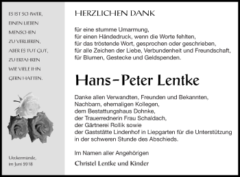 Traueranzeige von Hans-Peter Lentke von Haff-Zeitung