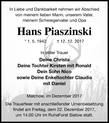 Traueranzeige von Hans Piaszinski von Müritz-Zeitung