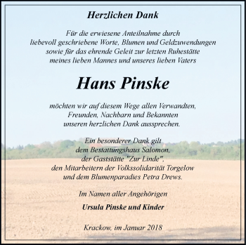 Traueranzeige von Hans Pinske von Pasewalker Zeitung