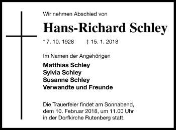 Traueranzeige von Hans-Richard Schley von Templiner Zeitung