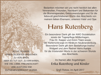 Traueranzeige von Hans Rutenberg von Müritz-Zeitung