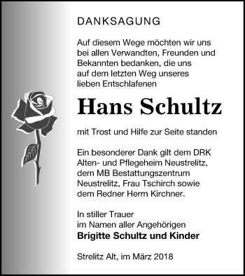 Traueranzeige von Hans Schultz von Strelitzer Zeitung