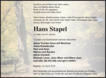 Traueranzeige von Hans Stapel von Haff-Zeitung