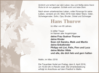 Traueranzeige von Hans Thurow von Müritz-Zeitung