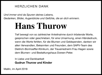 Traueranzeige von Hans Thurow von Müritz-Zeitung