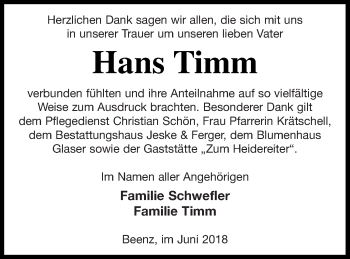 Traueranzeige von Hans Timm von Prenzlauer Zeitung