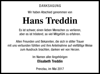Traueranzeige von Hans Treddin von Prenzlauer Zeitung