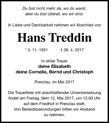 Traueranzeige von Hans Treddin von Prenzlauer Zeitung