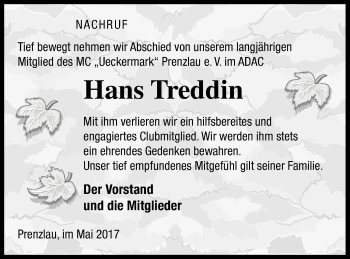 Traueranzeige von Hans Treddin von Prenzlauer Zeitung