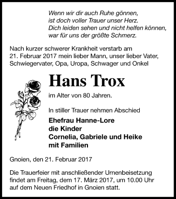 Traueranzeige von Hans Trox von Mecklenburger Schweiz