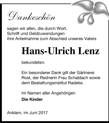 Traueranzeige von Hans-Ulrich Lenz von Vorpommern Kurier