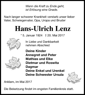 Traueranzeige von Hans-Ulrich Lenz von Vorpommern Kurier