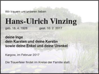 Traueranzeige von Hans-Ulrich Vinzing von Müritz-Zeitung