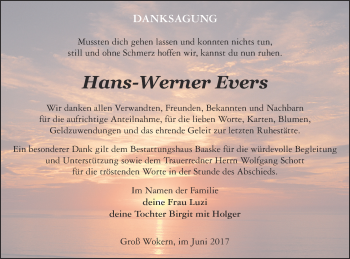 Traueranzeige von Hans-Werner Evers von Mecklenburger Schweiz