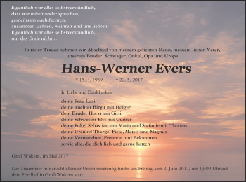 Traueranzeige von Hans-Werner Evers von Mecklenburger Schweiz