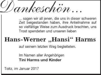 Traueranzeige von Hans-Werner Harms von Demminer Zeitung