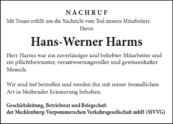 Traueranzeige von Hans-Werner Harms von Demminer Zeitung