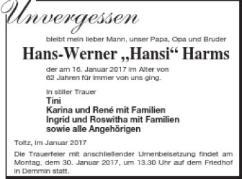 Traueranzeige von Hans-Werner Harms von Demminer Zeitung