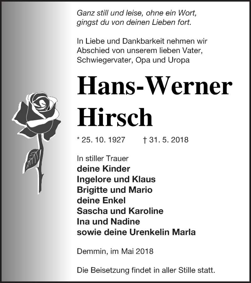  Traueranzeige für Hans-Werner Hirsch vom 05.06.2018 aus Demminer Zeitung