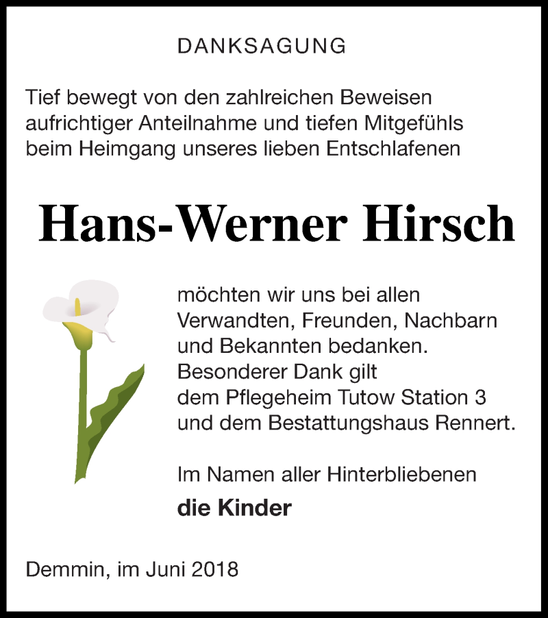  Traueranzeige für Hans-Werner Hirsch vom 20.06.2018 aus Demminer Zeitung