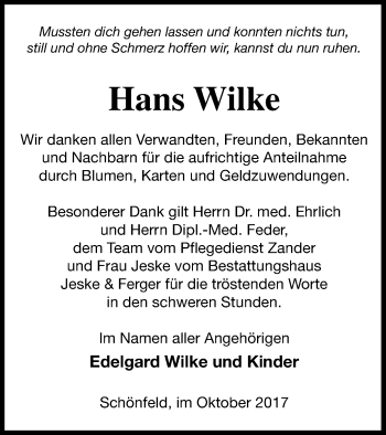 Traueranzeige von Hans Wilke von Prenzlauer Zeitung