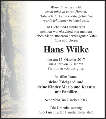 Traueranzeige von Hans Wilke von Prenzlauer Zeitung