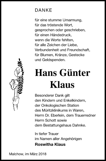 Traueranzeige von Hans Günter Klaus von Müritz-Zeitung