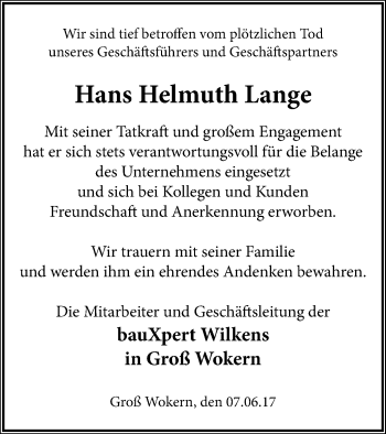 Traueranzeige von Hans Helmuth Lange von Mecklenburger Schweiz