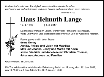 Traueranzeige von Hans Helmuth Lange von Mecklenburger Schweiz