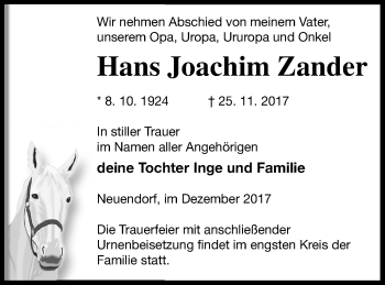 Traueranzeige von Hans Joachim Zander von Neubrandenburger Zeitung